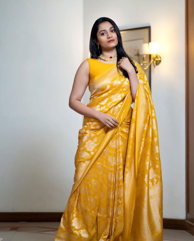 Ddf Yellow Flower Lichi Silk Banarasi Saree Catalogue